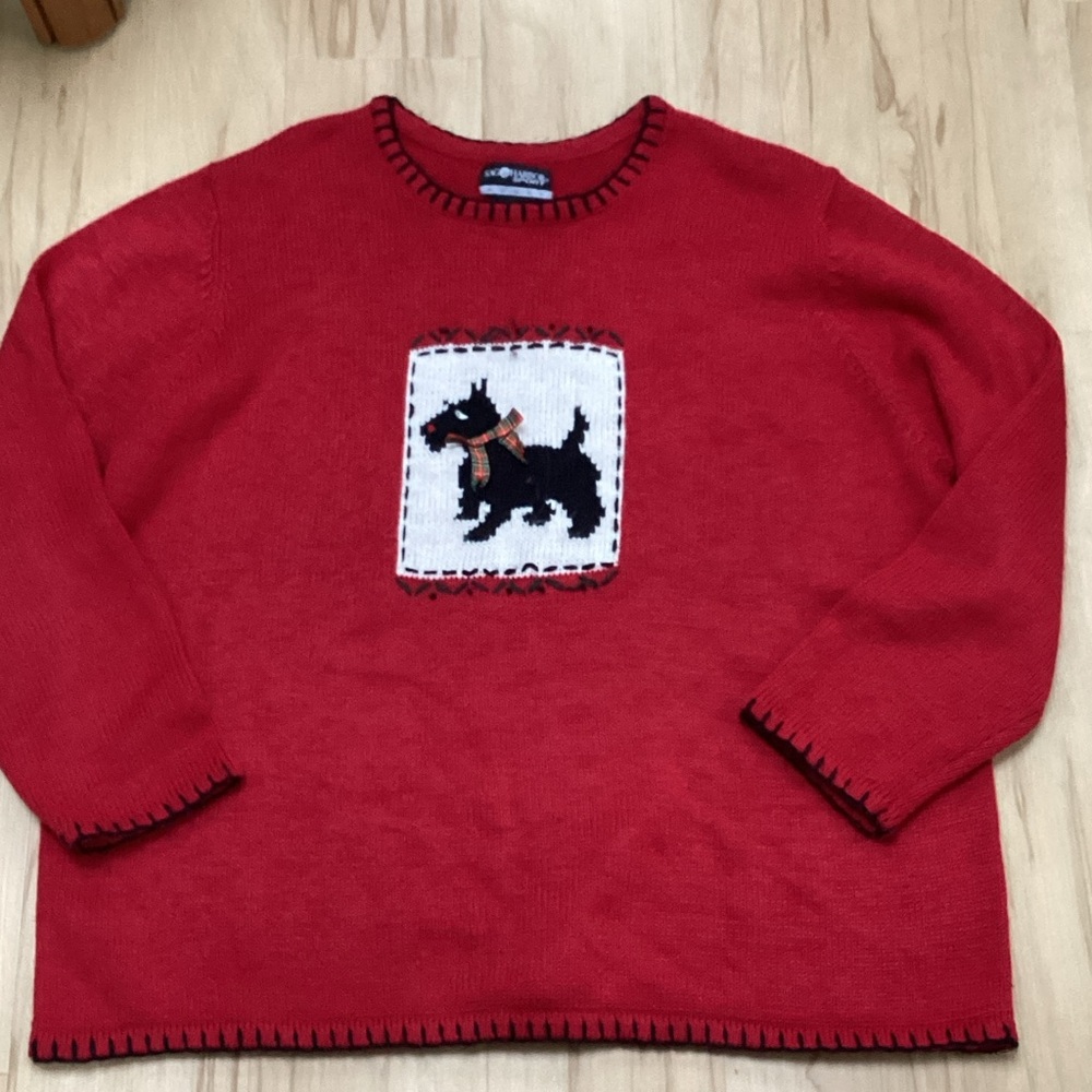 Sag Harbor Sport Woman Red Sweater Black Scotty Scottish Terrier‎ Plaid Bow 1X